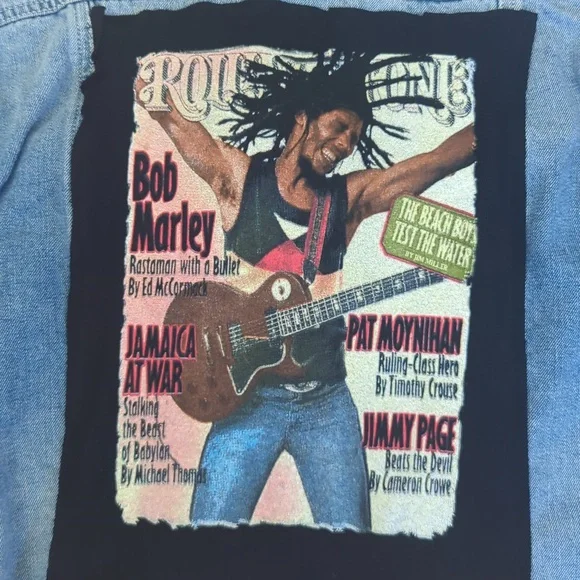 Bob Marley Frayed  Jean Jacket upcycled one of a kind Small - Picture 3 of 5